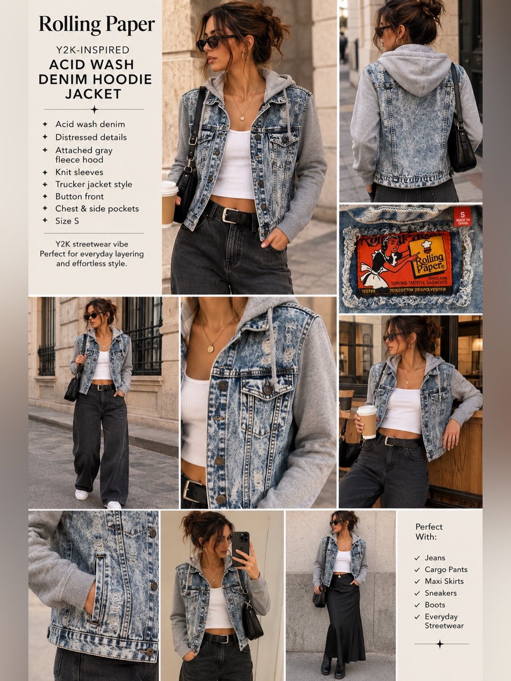 Rolling Paper Acid Wash Denim Trucker Hoodie Jacket Y2K Streetwear Size S